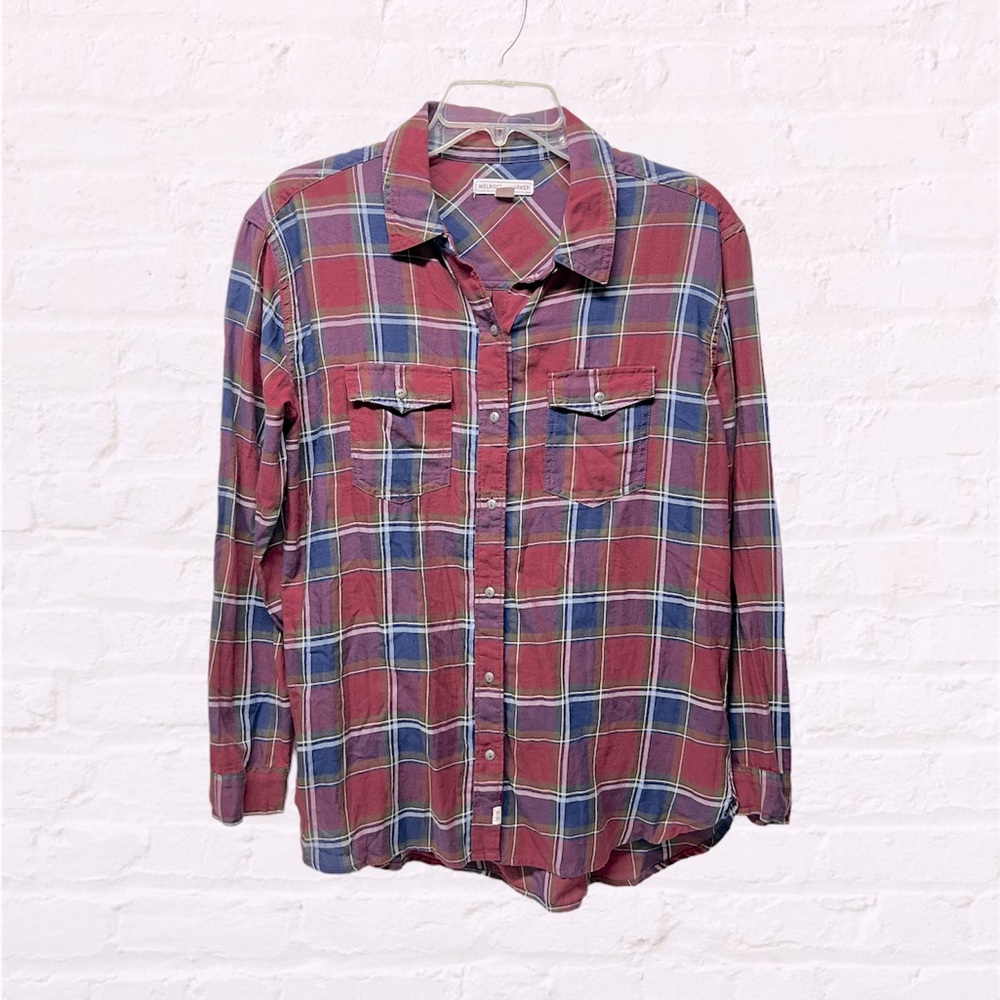 Melrose & market burgundy red navy plaid flannel button down front shirt small